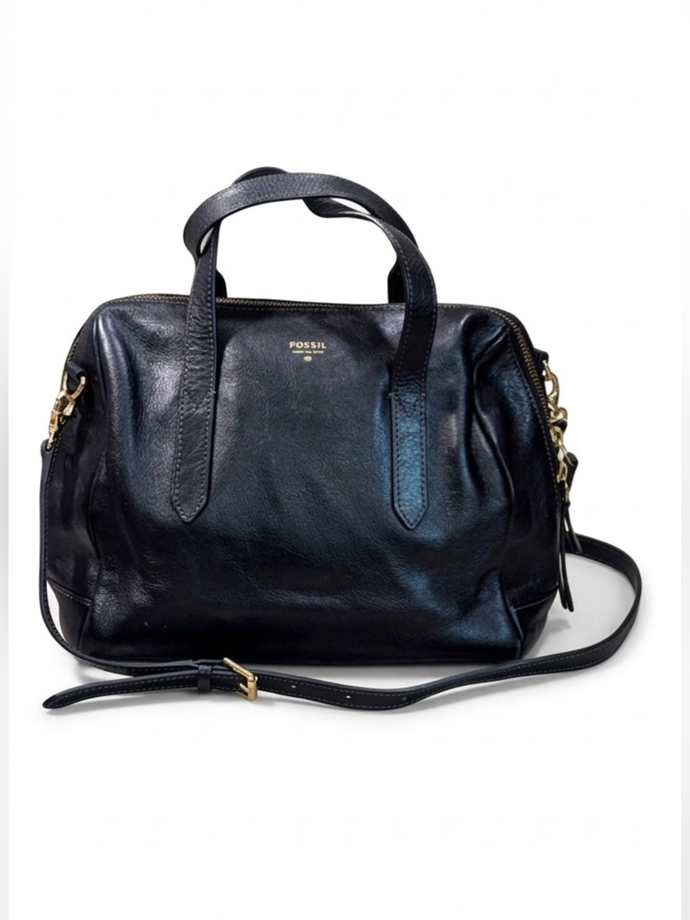 FOSSIL Sydney Black Pebbled Leather Satchel Purse Handbag Gold Hardware